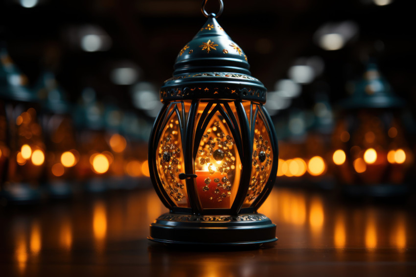 A traditional islamic lantern lit up in the night