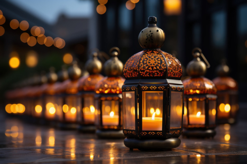 Serene ambiance with a traditional islamic lantern and bokeh lights