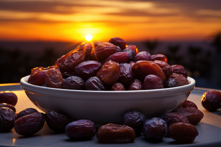 A visually striking image of dates silhouettes set against a radiant sunset