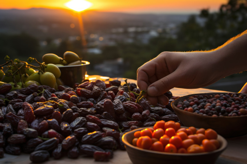 Silhouetted hands gather ripe dates in the warm glow of the setting sun