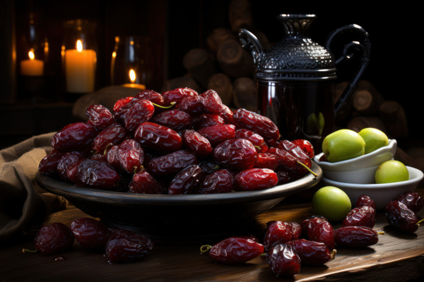 A delectable scene of dark red dates on a weathered wooden backdrop