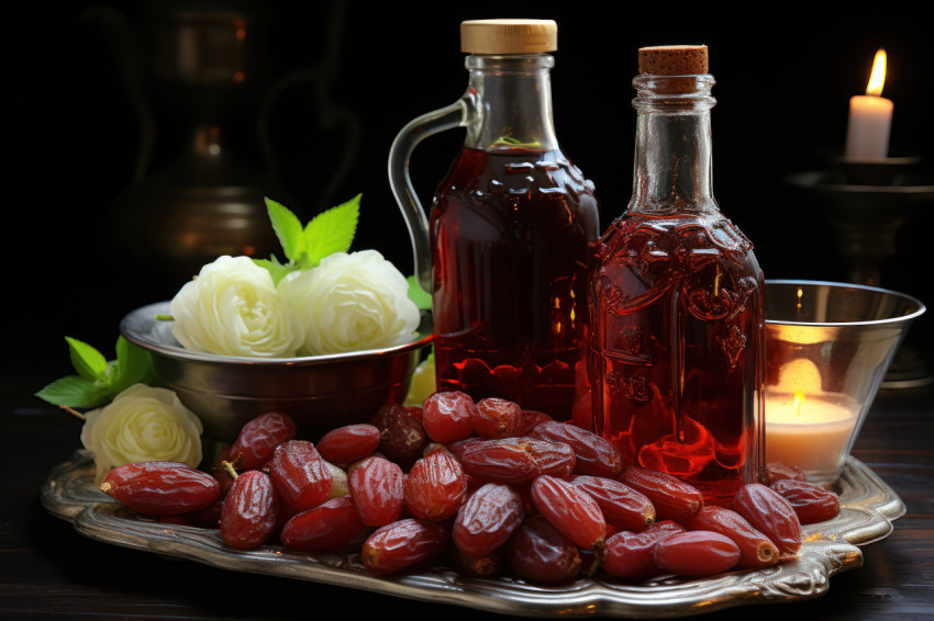 A drink container and a duo of dates in a simple yet elegant composition