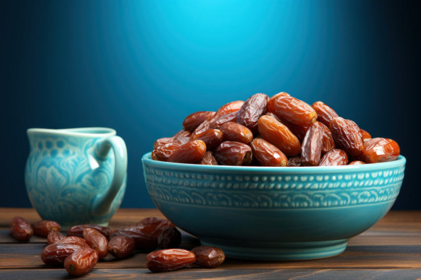 Fresh dates presented in a charming bowl on a blue wooden surface