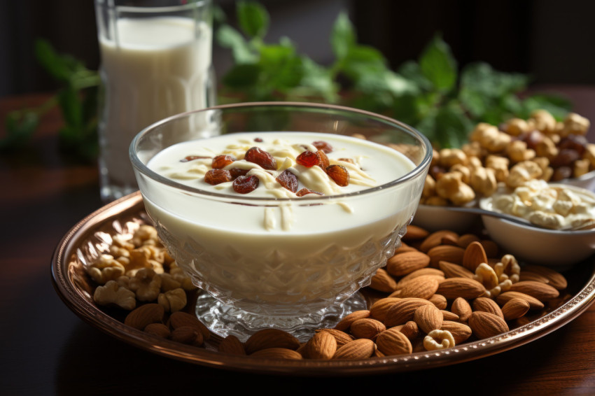 Artfully presented oriental style milk and nut bowl