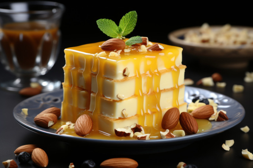 A sweet treat featuring a golden dessert crowned with nuts for added flavor