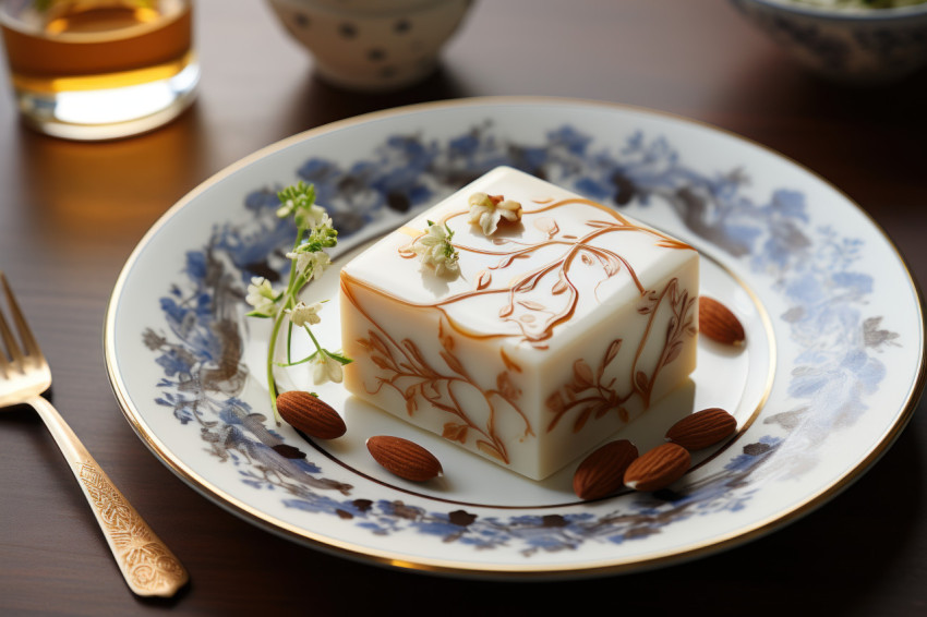 Elegant sweet almond fudge arranged with asian inspired flair on a white tin plate