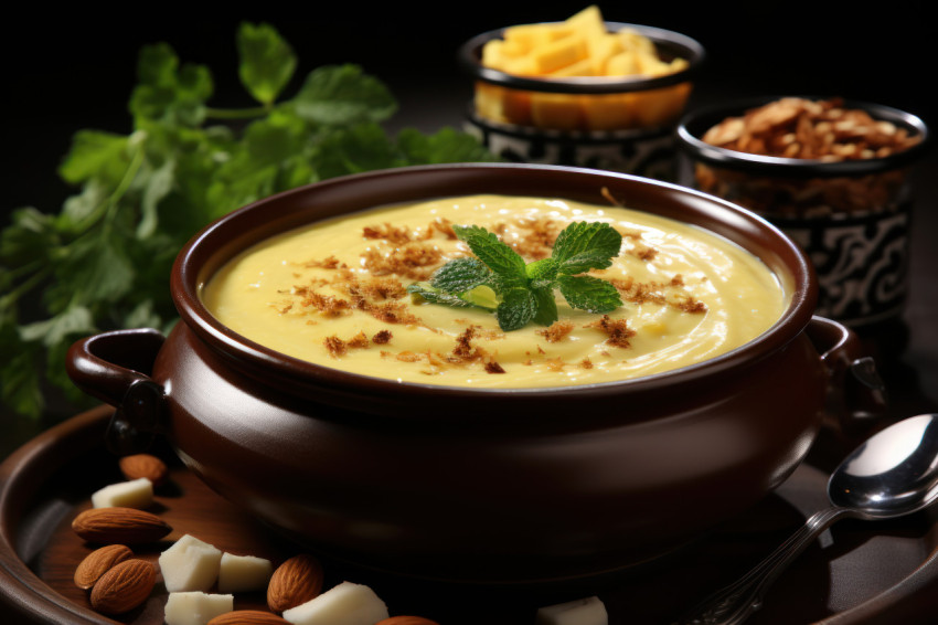 Wooden bowl filled with a luscious yellow treat complemented by nuts and almonds