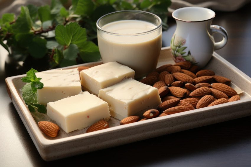 A minimalistic scene featuring three almond slices and a cup of tea on a white tray