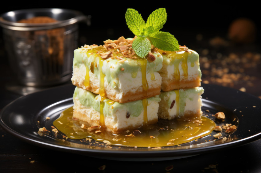 Exquisite serving of pistachio falooda featuring green and yellow elements on a white plate