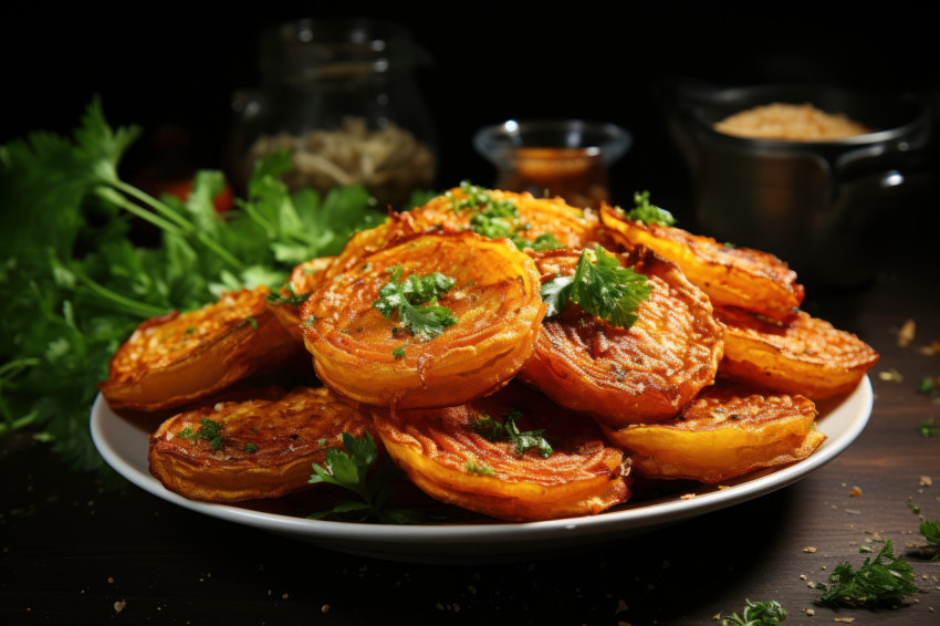 Appetizing onion rings piled high on a platter