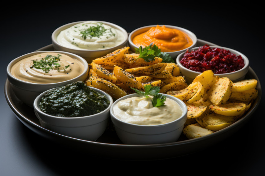 A bountiful plate laden with an array of savory snacks and tasty dips