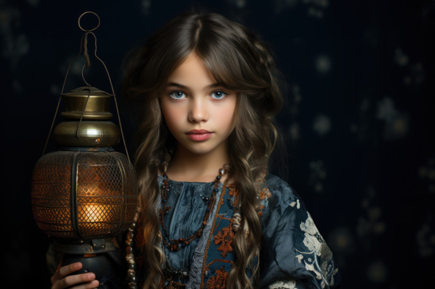 Muslim girl in traditional attire with lantern