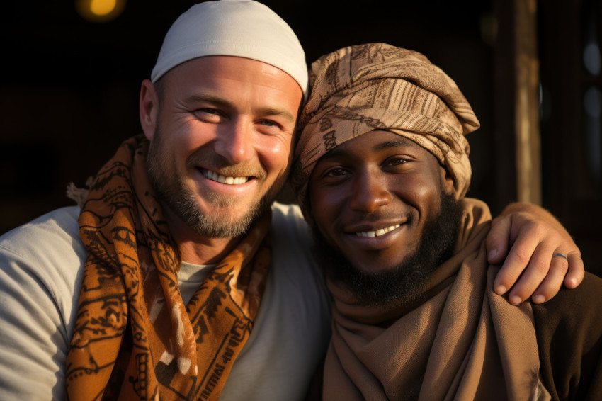 Afternoon sunlight illuminates the embrace of two men with white headscarves