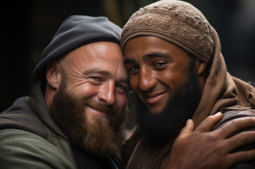 A happycore embrace between two muslim friends radiates warmth and unity