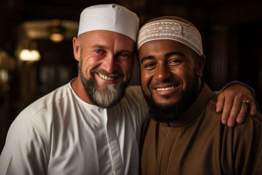 Two muslim men hug each other dressed in white