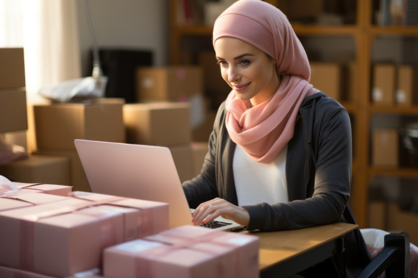 Serene woman in hijab sits with laptop carefully assessing her boxed belongings