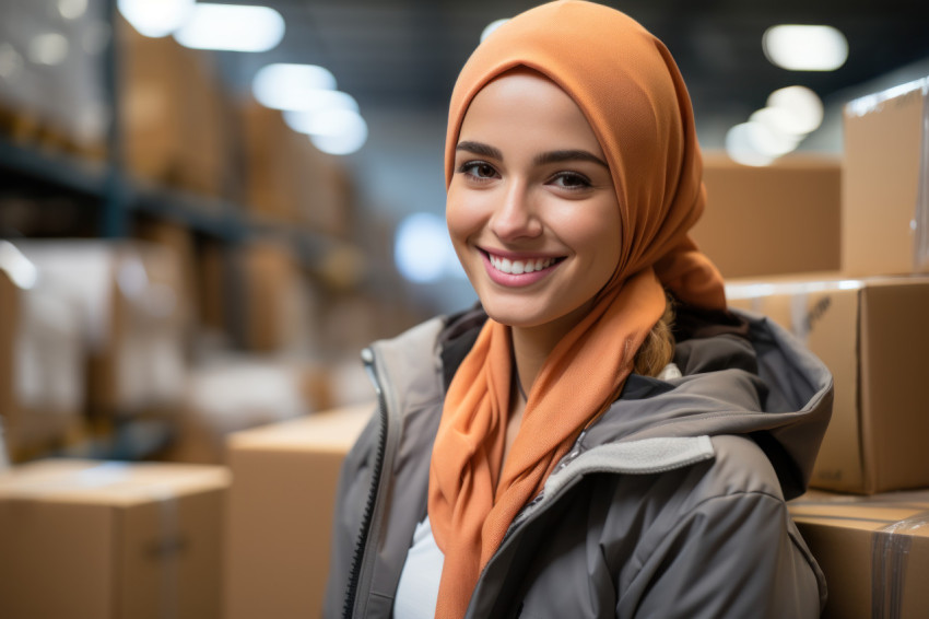 Young woman in a headscarf working on a laptop in an industrial space