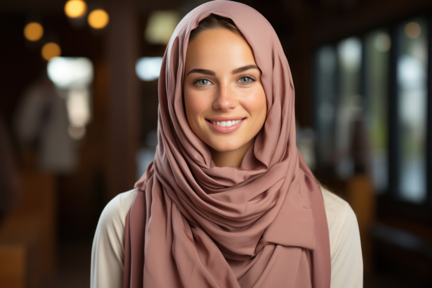 A woman wearing a brown scarf grins with genuine delight