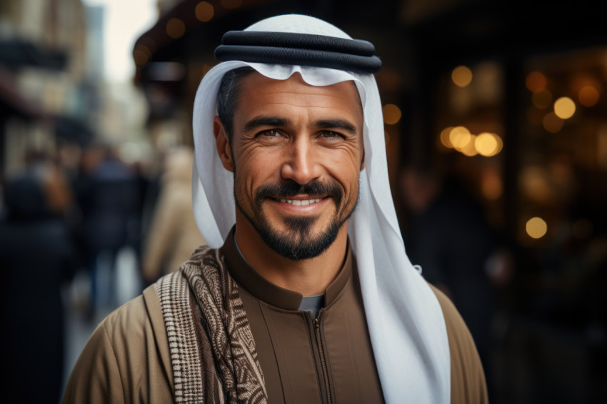 Outdoor portrait of a man in classic arab dress exuding cultural pride