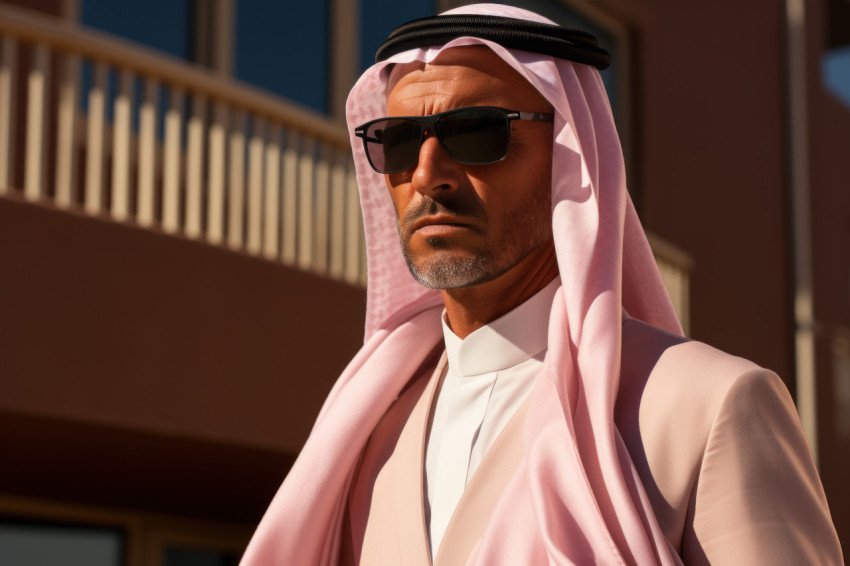 Stylish arab gentleman presenting cultural heritage against a modern apartment setting