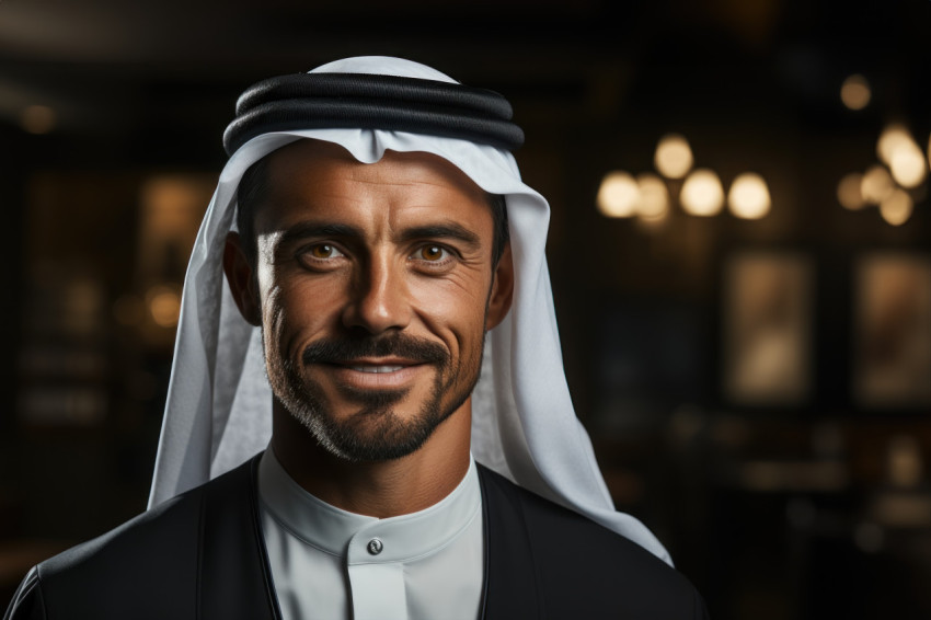 A powerful image of the managing director of a dubai property sales firm in alazoor attire