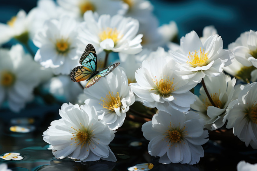 Delicate white daisy and butterfly elegance in the meadow