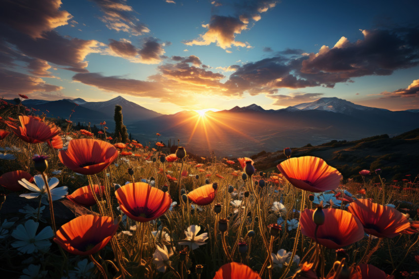 Sunset scene with poppies and sunflowers in the meadow