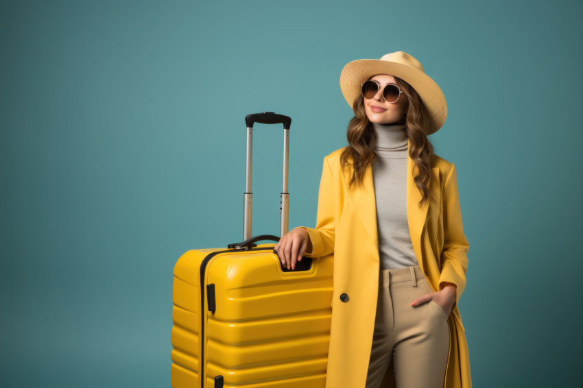 Woman tourist showcasing suitcase in a blue background