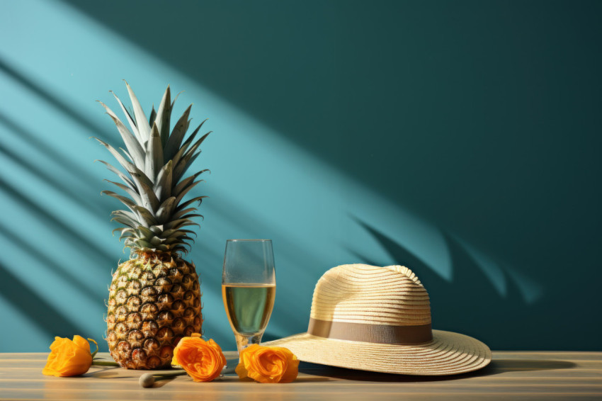 Hat pineapple shells and beer bottle creating a coastal scene