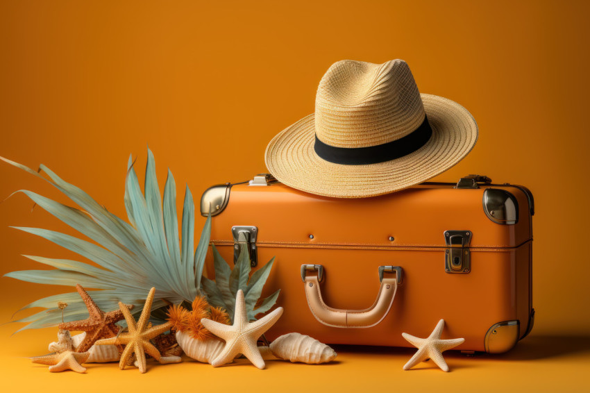 Yellow suitcase with starfish and palm leaves on a sunny background