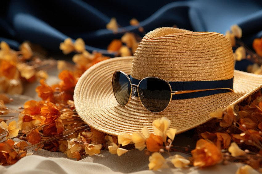 Beach essentials straw hat sunglasses and shades