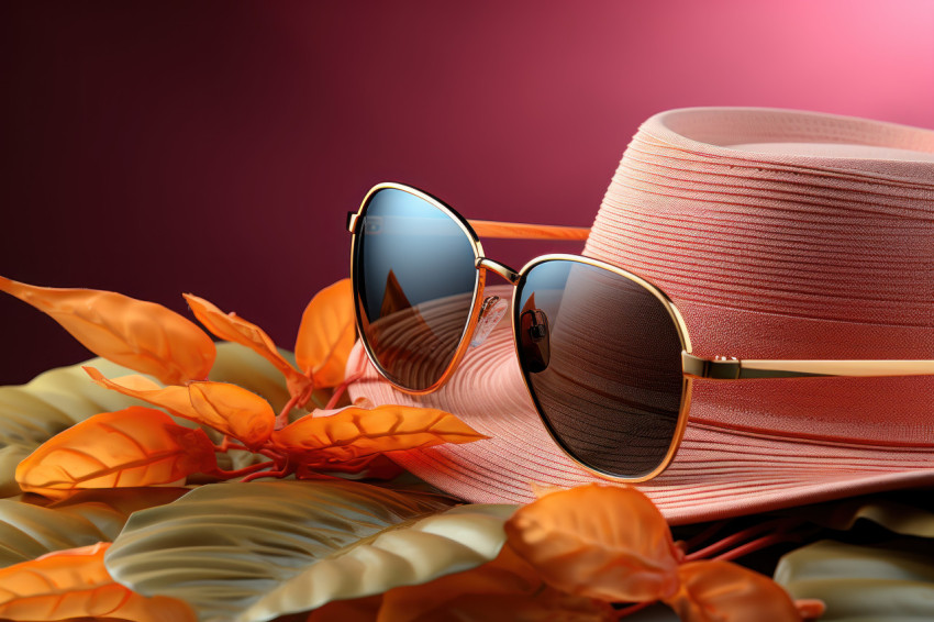 Hat sunglasses and leaf composition on a yellow backdrop