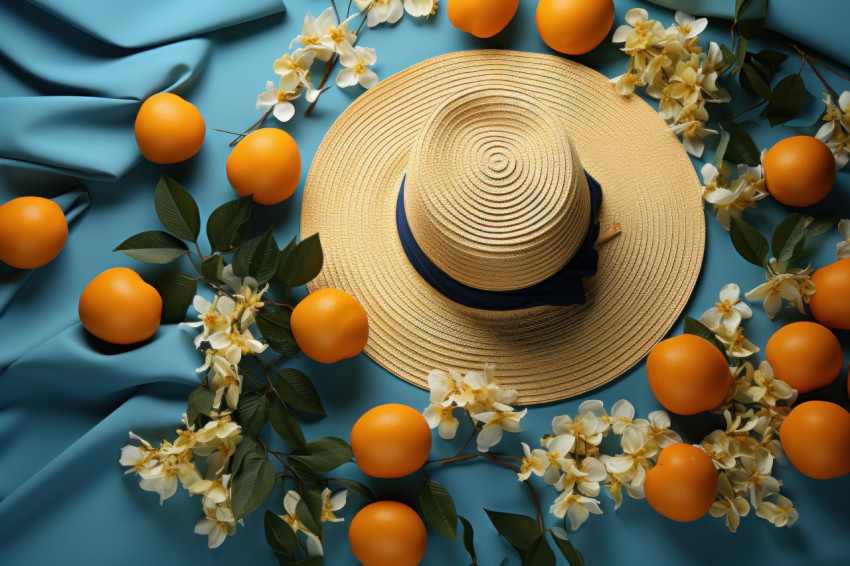 Varied summer accessories on a blue background