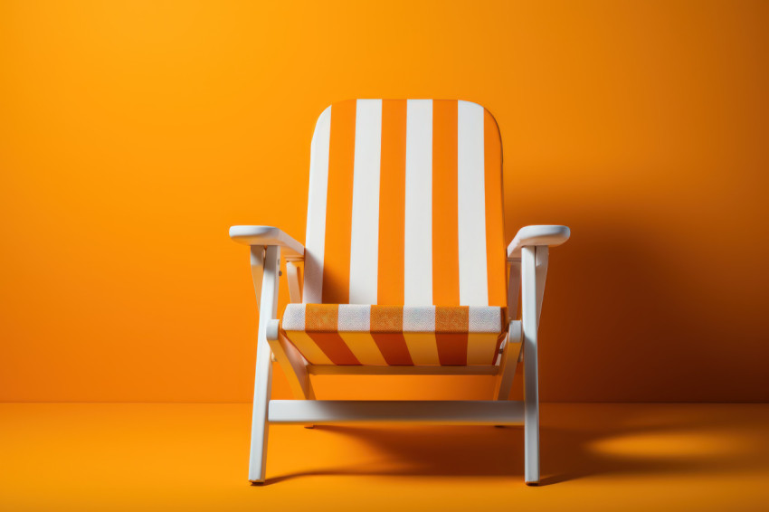 A lonely beach chair set against a bold and bright sky