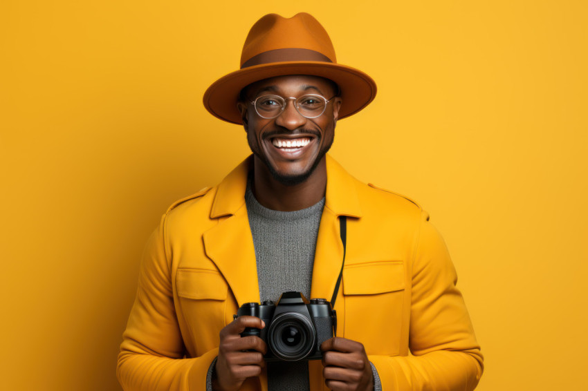 Man strikes a pose with camera and hat in vibrant orange hue