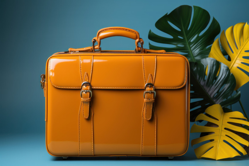 Yellow suitcase packed with tropical vibes on a blue backdrop