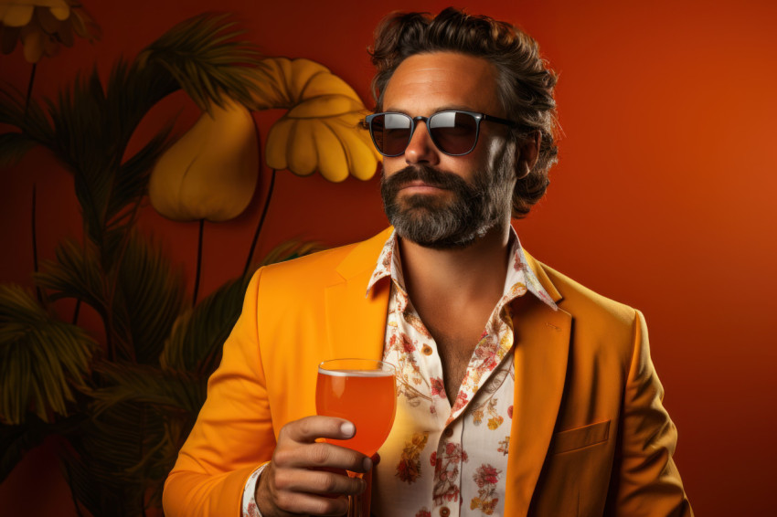 Man in glasses holding a glass of refreshing tropical drink