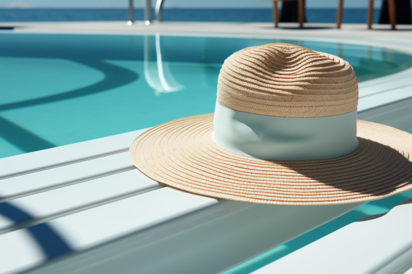 Poolside relaxation with hat and sunblock on a wooden deck