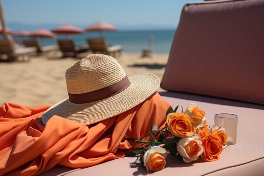 Hat towel and a relaxing beverage complete your beach experience