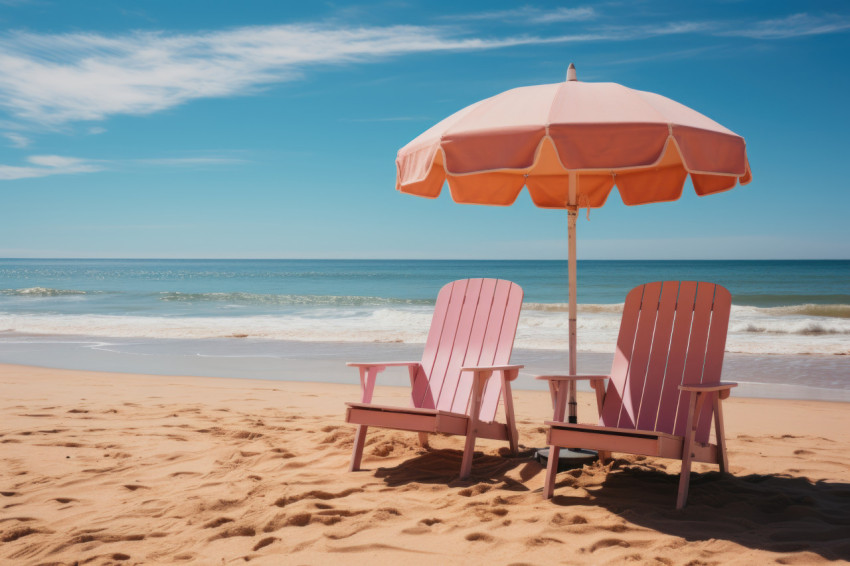 Two chairs and an umbrella on a quiet and deserted beach