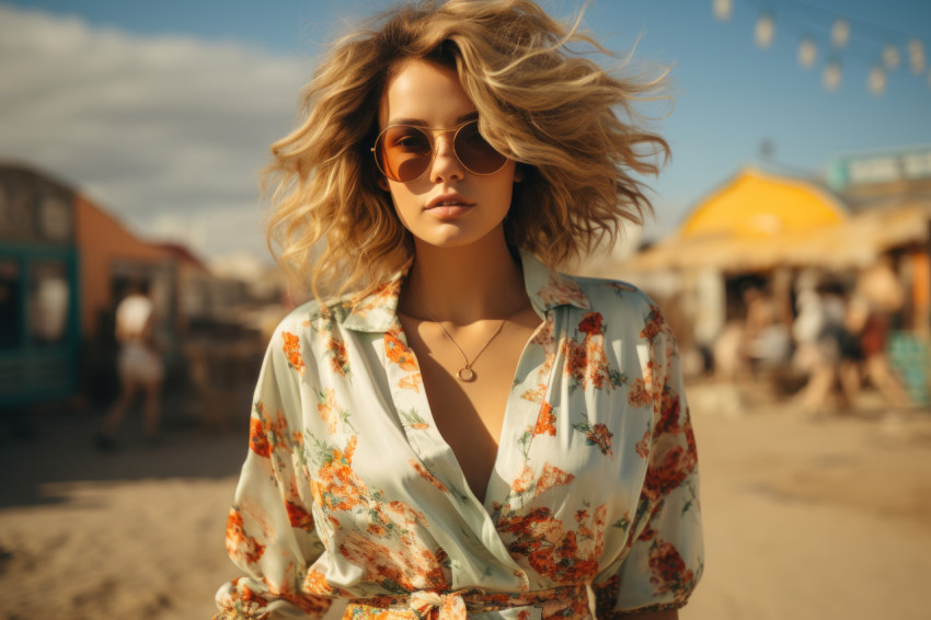 Woman in chic floral jacket and white shorts by the shore