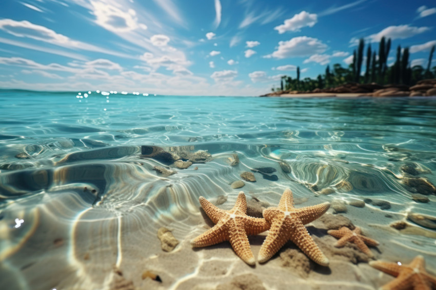 Starfish relaxing on sandy beach with a scenic ocean horizon