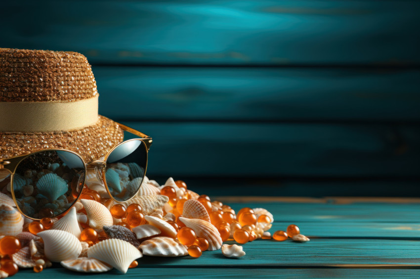 Summer accessories and shells adorn a blue wooden surface