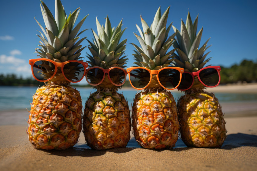 Four pineapples soaking up the sun in stylish sunglasses