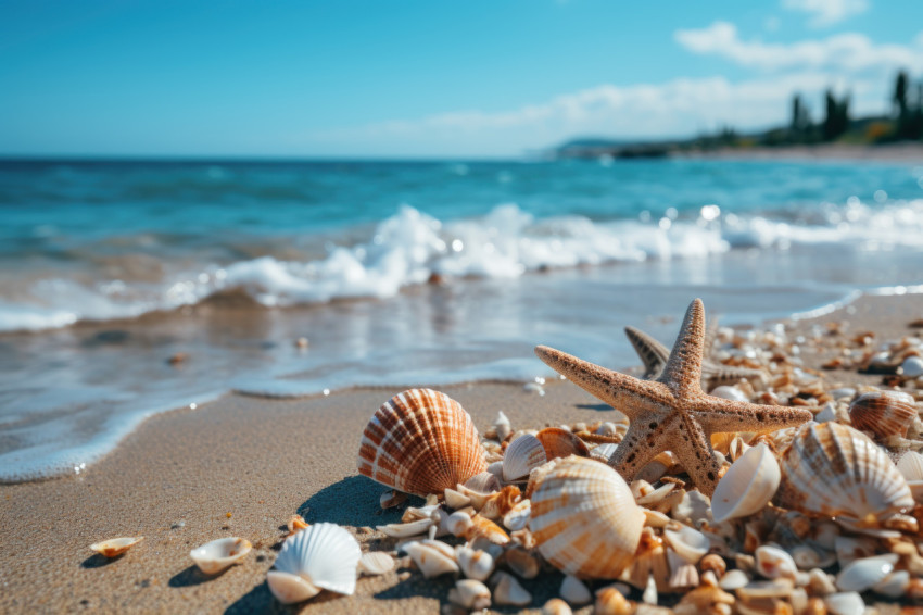 Graceful seashell and starfish adorning a white sandy beach