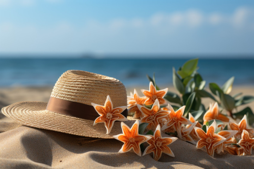 Fashionable display with hat flip flops starfish and starfruit