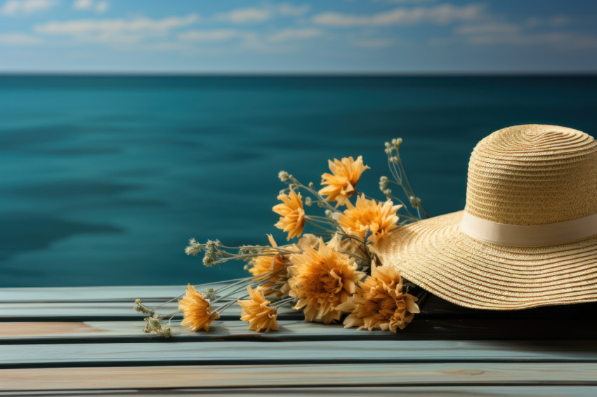 Hat flip flops and summer on blue wooden board