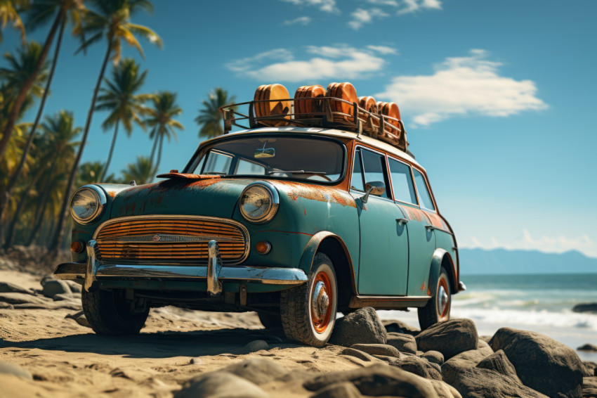 Old car and surfboards soaking in seaside serenity