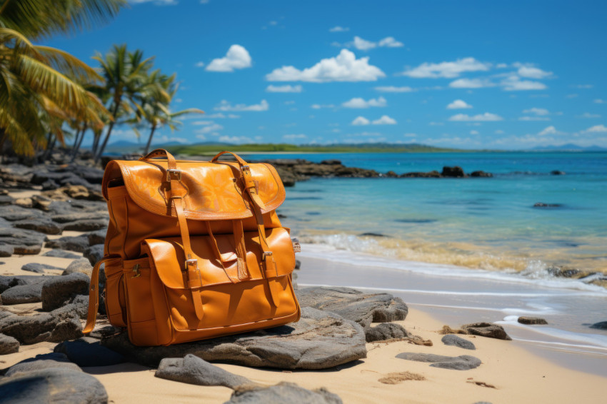 Sandals stylish beach bag and the radiance of the sun