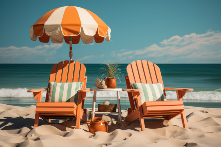 Lounge chairs flip flops umbrella and playful tropical beach ball